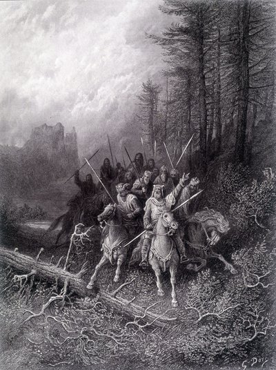 Kong Arthur i Broceliande-skoven (cyklus af ridderne af det runde bord) - i "" Viviane"" af Alfred Tennyson, illustration af G. Doré af Gustave Dore