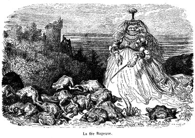 La fee Rageuse og hans flok tudser: kobberstik af Gustave Dore til illustration af fortællingen Plys, af grevinden af Segur, fra New Tales of Fees, Hachette 1896 -. af Gustave Dore