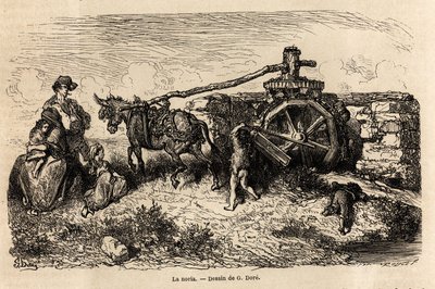 La noria, en hydraulisk maskine til at hæve vandstanden ved at bruge energien produceret af strømmen, tegning af Gustave Dore (1832-1883), for at illustrere hans tur til Spanien, med C. Davillier, i 1862. Indgravering i "" Le tour du monde "", redigeret af af Gustave Dore