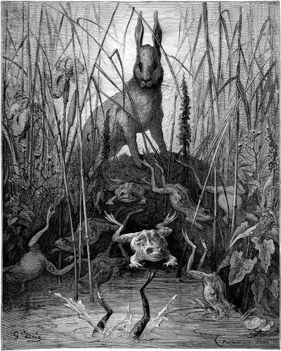 Le hare et les frogs: fabel af Jean de la Fontaine illustreret af Gustave Dore - Haren og frøerne. af Gustave Dore