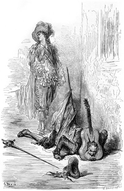 Leandre har lige smadret en guitar på Matamores hoved, illustration til "Captain Fracass" af Gustave Dore