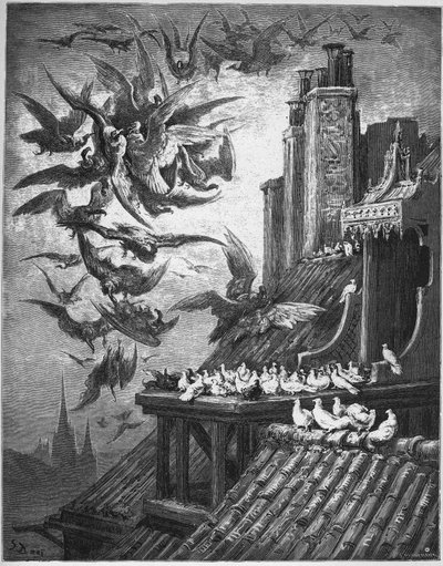 Gribbene og duerne - fra "Fables" af Jean de La Fontaine af Gustave Dore