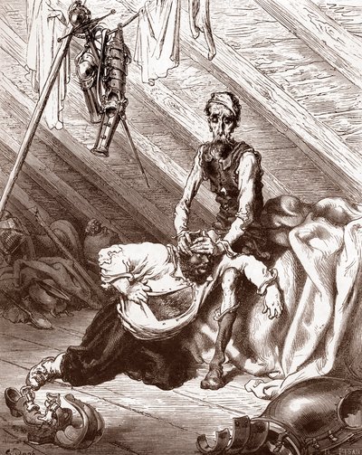 Dårlige virkninger af Fierabras eliksir (dårlige virkninger af medicinen, der skulle helbrede Sanchos blå mærker) Gravering af Gustave Dore (1832-1883) til "L