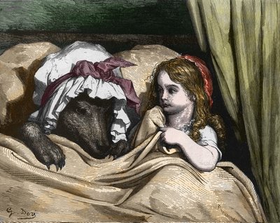 Rødhætte og ulv kan ikke lide som bedstemor. Illustration af Gustave Dore af Gustave Dore