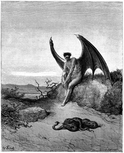 Lucifer (Satan, dechu-engel, faldt fra himlen på jorden) møder slangen. Illustration af Gustave Dore til "Paradise Lost" af John Milton (1608-1674). Gravering fra 1866. Privat samling af Gustave Dore