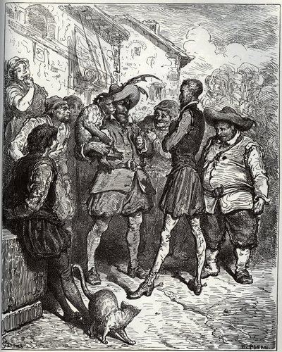 Maese Pedro og spåmandsaben - fra "Don Quixote de la Mancha" af Miguel Cervantes (1547-1616) (Don Quixote) - Træsnit efter tegning af Gustave Dore af Gustave Dore