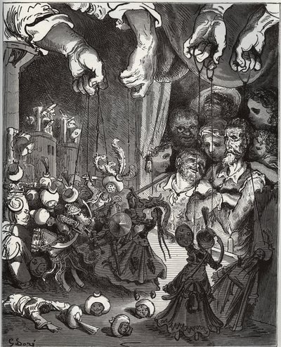 Maese Pedros dukketeater - fra "Don Quixote de la Mancha" af Miguel Cervantes (1547-1616) (Don Quixote) - Træsnit efter tegning af Gustave Dore af Gustave Dore