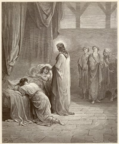 Mirakel: Jesus Kristus helbredte Jaires datter (Jairus eller Jairos). Indgravering fra Bibelen illustreret af Gustave Dore (1832-1883) af Gustave Dore