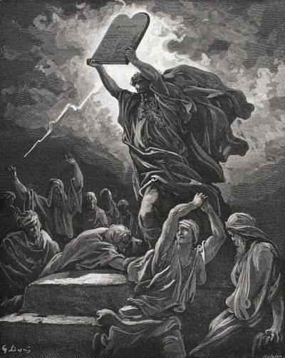 Moses bryder lovens tavler, 2. Mosebog 32:19, illustration fra Dores 
