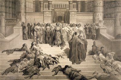 Moses før Farao (kul & pen & blæk vask på papir) af Gustave Dore