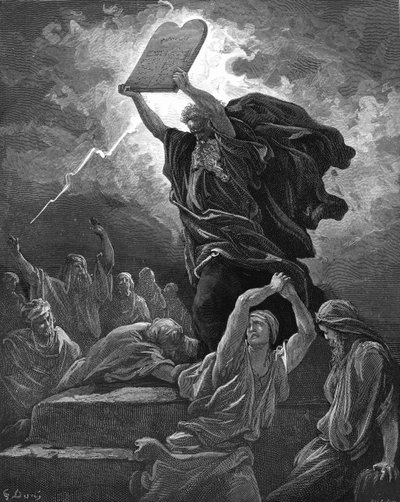 Moses bryder lovens tavler, graverer. - Bibel af Gustave Dore