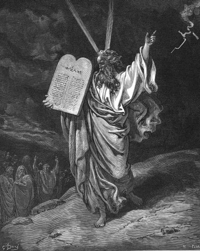 Moses steg ned fra Sinajbjerget med lovens tavler (ti bud). Anden Mosebog 5,35. Illustration af Gustave Dore (1832-1883) til Bibelen (London 1866). Trægravering. af Gustave Dore