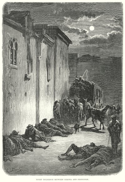 Natlig flid mellem Gerona og Perpignan (kobberstik) af Gustave Dore