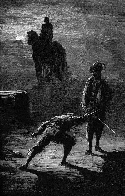 Natduel i måneskin mellem Baron de Sigognac og Jacquemin Lampourde under rytterstatuen af Bronzekongen. Kobberstik af Gustave Dore, der illustrerer Theophile Gautiers roman "Kaptajn Fracasse". Charpentier-udgave 1863. af Gustave Dore