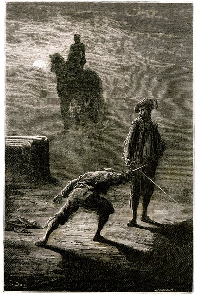 Natduel i måneskin mellem baron de Sigognac og Jacquemin Lampourde under rytterstatuen af kongen af bronze. Kobberstik af Gustave Dore, der illustrerer Theophile Gautiers roman "Le capitaine Fracasse", edition Charpentier 1863. af Gustave Dore