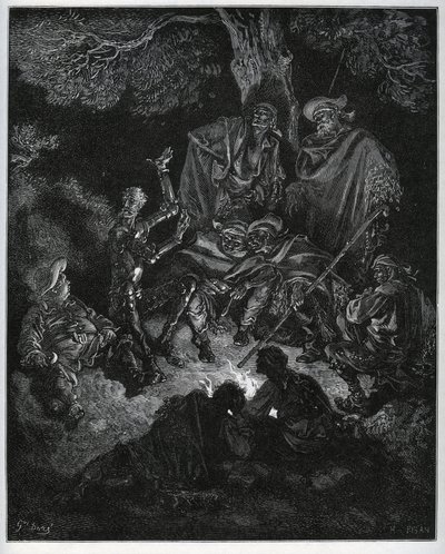 Natlys, hvor Don Quixote fortæller historien om verden til gederne og en Sancho Panza - fra "Don Quixote de la Mancha" af Miguel Cervantes (1547-1616) (Don Quixote) - Træsnit efter tegning af Gustave Dore af Gustave Dore
