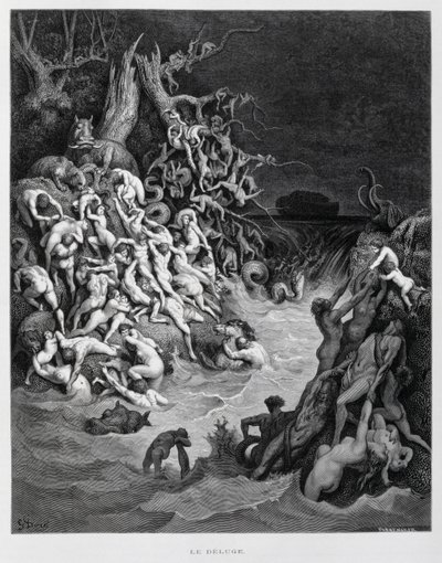 Noah og hans ark flygter, da den store flodbølge omslutter jorden, Illustration fra Dore-bibelen af Gustave Dore