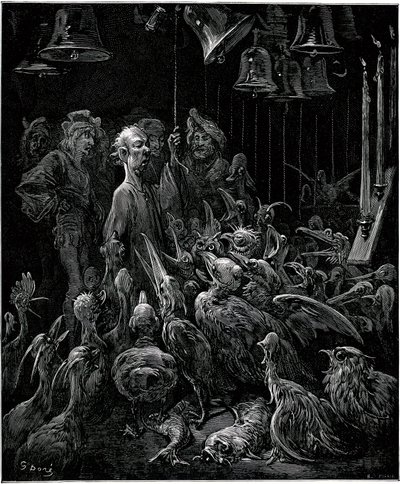 På øen Sonnante får Panurge fuglene til at synge ved at slå på klokkerne - illustration af Gustave Dore til samlede værker af Francois Rabelais - Femte bog - Pantagruel af Gustave Dore