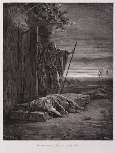 Forargelse i Gibea, levitten bærer sin døde medhustru væk, Illustration fra Dore-bibelen af Gustave Dore
