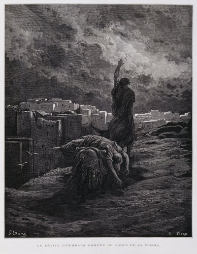 Forargelse i Gibea, levitten bærer sin døde medhustru væk, Illustration fra Dore-bibelen af Gustave Dore