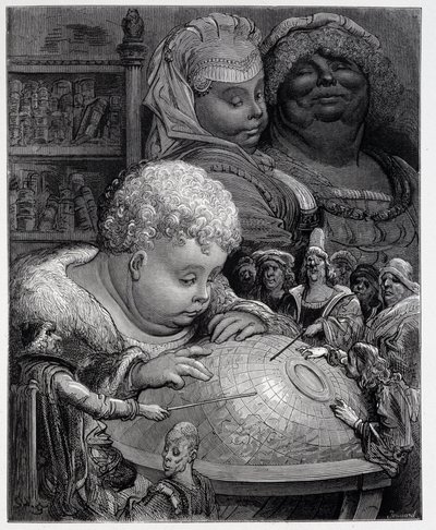 Pantagruel følger et kursus i geografi - i "" Gargantua"" af Rabelais, ill. Gustave Dore af Gustave Dore