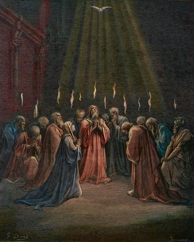 Pinse - Pinse (Helligåndens komme) - Pinse, Helligåndens nedstigning, gravering af Gustave Dore (1832-1883) - senere farvelægning af Gustave Dore