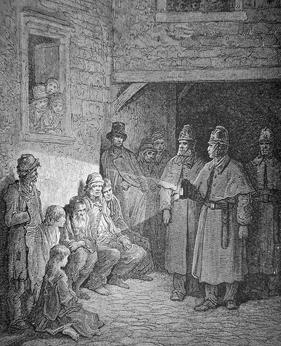 Politifolk på patrulje i Londons Rookery, indgraveret af Stephane Pannemaker (1847-1930) af Gustave Dore