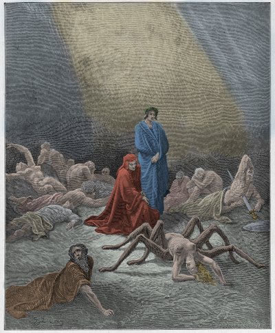 Purgatorio, Canto 12: Dante ser på Arachnes sjæl, illustration fra "Den guddommelige komedie" af Dante Alighieri, 1885 af Gustave Dore