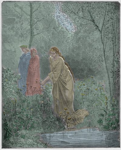 Purgatorio, Canto 27: Dantes drøm om Leah i engen, illustration fra "Den guddommelige komedie" af Dante Alighieri, 1885 af Gustave Dore