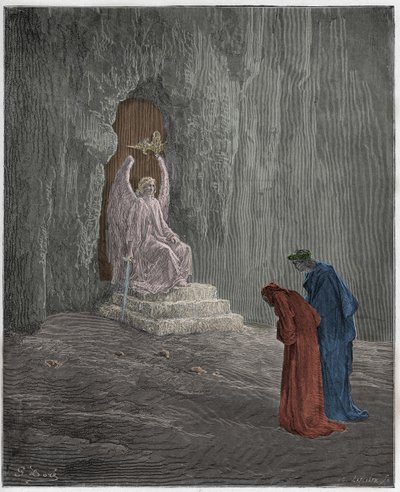 Purgatorio, Canto 9: Dante og Virgil ved skærsildens portaler, illustration fra "Den guddommelige komedie" af Dante Alighieri, 1885 af Gustave Dore