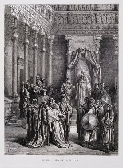 Dronning Ester besvimer foran kongen, Illustration fra Dore-bibelen af Gustave Dore
