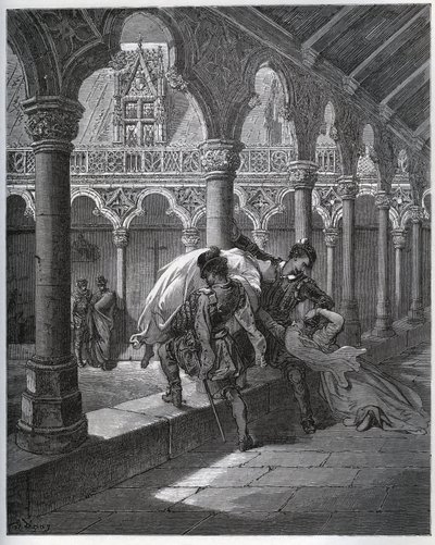 Recit af Don Fernand; han tager Luscinde fra klosteret, hvor hun havde søgt tilflugt - fra "Don Quixote de la Mancha" af Miguel Cervantes (1547-1616) (Don Quixote) - Træsnit efter tegning af Gustave Dore af Gustave Dore