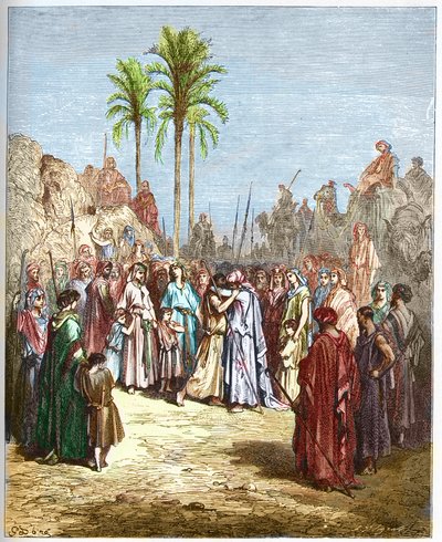 Forsoning mellem Jakob og Esau - Forsoning mellem Jakob og Esau Genese, XXXIII, 4 - - Indgravering fra "" The Bible illustree" af Gustave Dore (1832-1883) - Indgravering fra "" The Dore Bible"" af Gustave Dore