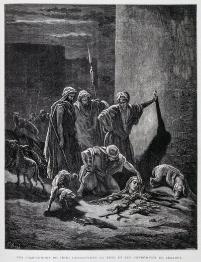Rester af dronning Jezebel efter hun blev kastet ud af paladsvinduerne, illustration fra Dore-bibelen. af Gustave Dore