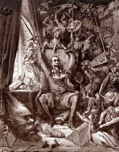 Repræsentation af Don Quixote i hans bibliotek omgivet af skabninger i hans bøger Gravering af Gustave Dore (1832-1883) for "L
