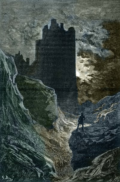 Romantik: "" Frygtens Slot"" IIllustration af Gustave Dore (1832-1883) (Frygtens slot, romantikken, illustration af Gustave Dore) Privat samling af Gustave Dore