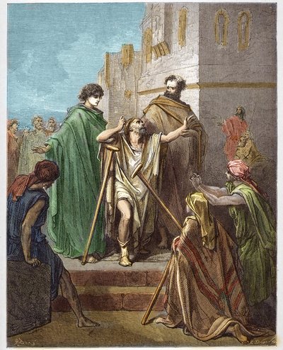 Sankt Peter og Sankt Johannes helbreder en klinge - Guerison af de lamme - Sankt Peter, ledsaget af Sankt Johannes, kæmpede mirakuløst mod en halt mand i Jerusalem - - indgravering i "The Bible illustree" af Gustave Dore (1832-1883) - Gravering fra " "The  af Gustave Dore