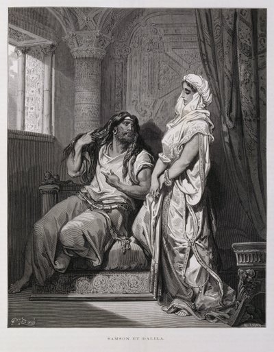Samson og Delilah, kapitel 16 i Dommerbogen i Det Gamle Testamente, illustration fra Dore-bibelen af Gustave Dore
