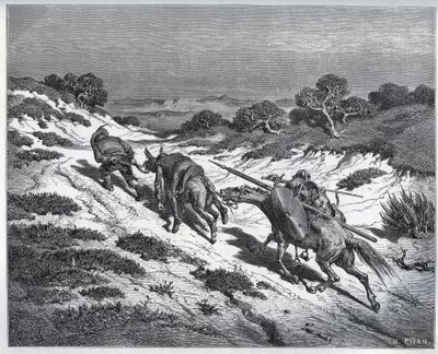 Sancho Panza, Don Quixote og deres bjerge efter deres nederlag mod Yangers - fra "" Don Quixote de la Mancha"" af Miguel Cervantes (1547-1616) (Don Quixote) - Træsnit efter tegning af Gustave Dore af Gustave Dore