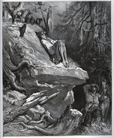 Sancho Panza finder sin herre, altid i anger - fra "" Don Quixote de la Mancha"" af Miguel Cervantes (1547-1616) (Don Quixote) - Træsnit efter tegning af Gustave Dore af Gustave Dore