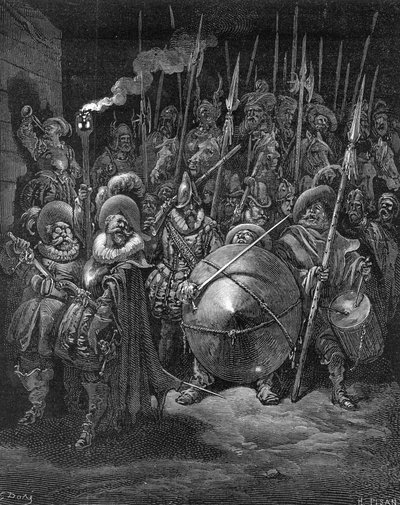 Sancho og ridderne, fra "Don Quixote de la Mancha" af Miguel Cervantes, graveret af Heliodore Joseph Pisan, ca.1875 af Gustave Dore