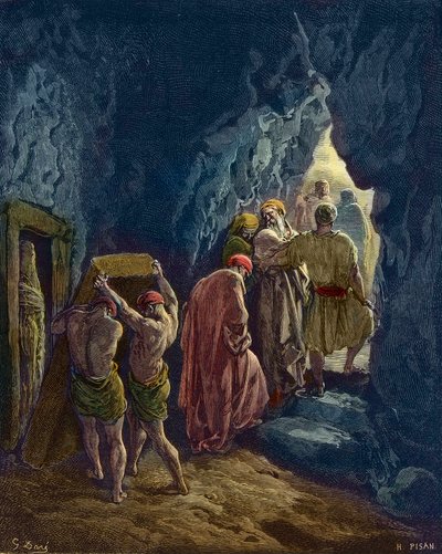 Sarahs død er 127 år gammel - Begravelsen af Abrahams kone, Sarah - - gravering af Gustave Dore - senere farvelægning af Gustave Dore