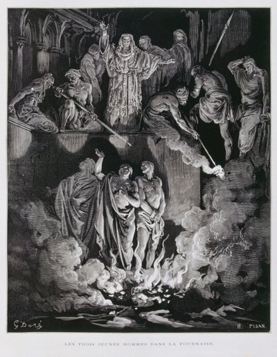 Shadrach, Meshach og Abednego i den brændende ovn, illustration fra Dore-bibelen af Gustave Dore