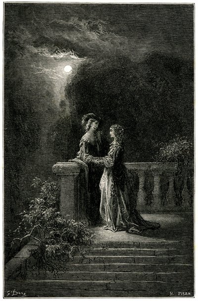Sigognac og Isabelle: elskende, der endelig forenes i måneskinnet. I sidste ende sejrer kærligheden! Kobberstik af Gustave Dore, der illustrerer Theophile Gautiers pikareskroman "Le capitaine Fracasse", edition Charpentier 1863. af Gustave Dore