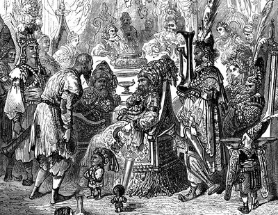 Sømanden Sindbad - fortællingen om de tusind og en (1001) nat - illustration af Gustave Dore (detalje) - Maxwell edition 1865 - Prolog: en fattig bærer (Hinbad) præsenterer sig for Sindbad, som er blevet gammel og rig. Sidstnævnte vil fortælle ham af Gustave Dore