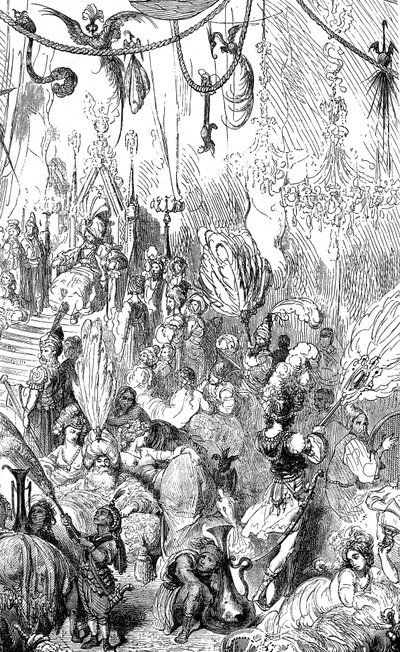 Sømanden Sindbad (Sinbad) - fortællingen om de tusind og en (1001) nat - illustration af Gustave Dore - Maxwell-udgave 1865 - Sjette rejse - denne gravering kan repræsentere kongen af Serendibs hof eller kaliffen Haroun al-Rashids hof (Harun al... af Gustave Dore