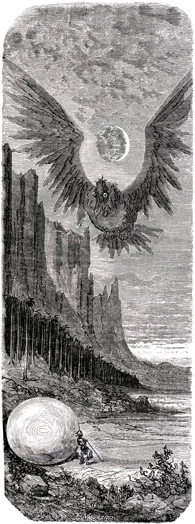 Sømanden Sindbad (Sinbad) - fortællingen om de tusind og en (1001) nat - illustration af Gustave Dore - udgave Maxwell 1865 - Anden rejse: Sindbad har på en ø opdaget et stort æg af den gigantiske fugl Roc og bliver angrebet af denne gigantiske fugl. af Gustave Dore