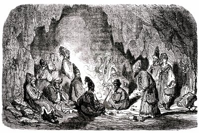 Sømanden Sindbad (Sinbad) - fortællingen om de tusind og en (1001) nat - illustration af Gustave Dore - Maxwell-udgave 1865 - Første rejse: Sindbad, der er blevet forladt midt på havet af sine kammerater, når en ø og møder i en hule den blegfede af Gustave Dore
