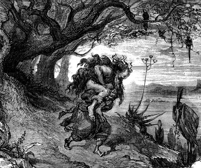 Sømanden Sindbad (Sinbad) - fortællingen om de tusind og en nat (1001) - illustration af Gustave Dore (detalje) - udgave Maxwell 1865 - Femte rejse: Sindbad er tvunget til at bære en gammel mand på sin skulder, som klæber til ham, og som han ikke længere k af Gustave Dore