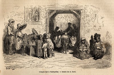 Skitse taget på live: tiggere i Valpadenas (Channel). Gravering til illustration af rejsen til Spanien af Gustave Dore (1832-1883) illustrator og baron Ch. Davillier reaktor, i 1862, offentliggjort i "Le tour du monde, nouveau journal des voyages", under af Gustave Dore